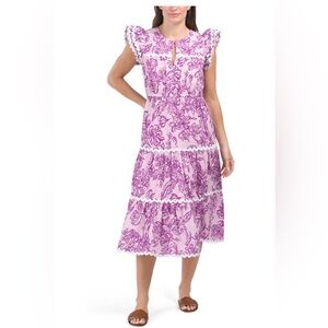 Sail to Sable Woven Baroque Floral Flutter Sleeve Tiered Midi Dress in Purple